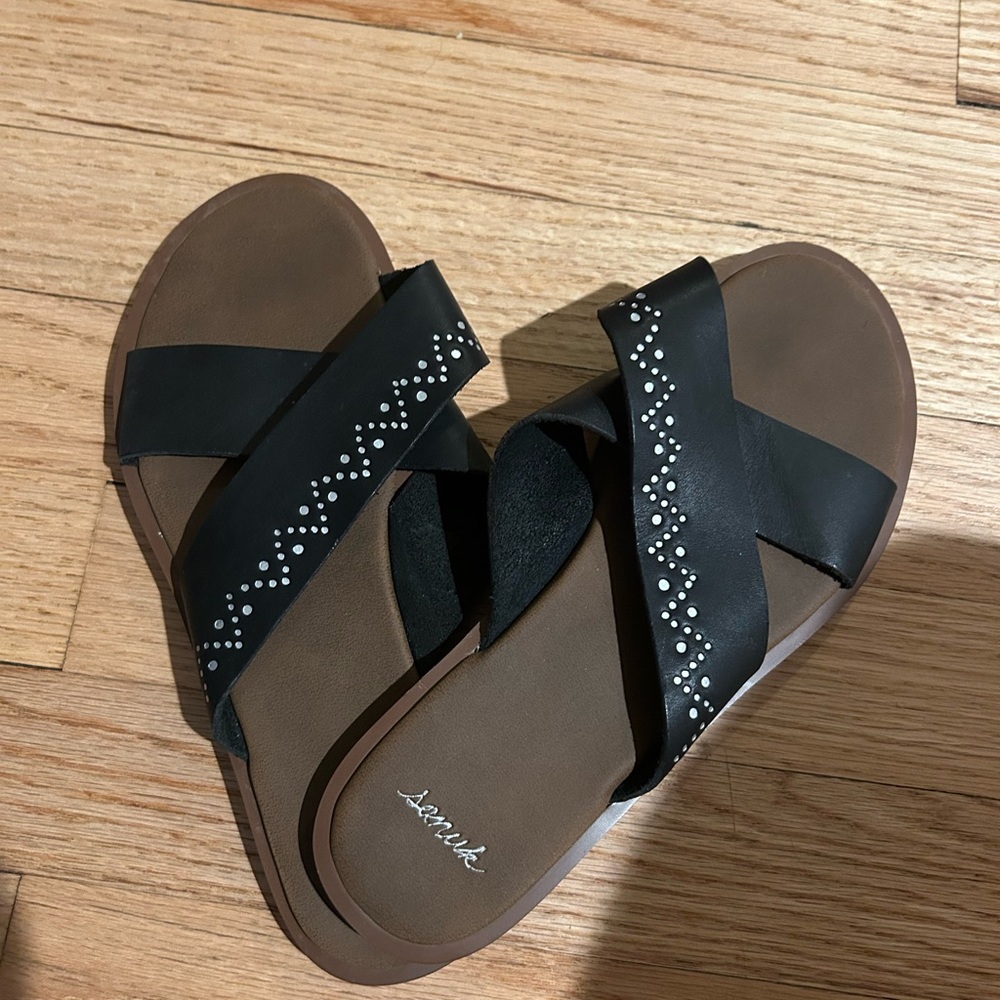 Sorel Black and Brown Sandals with White Accents